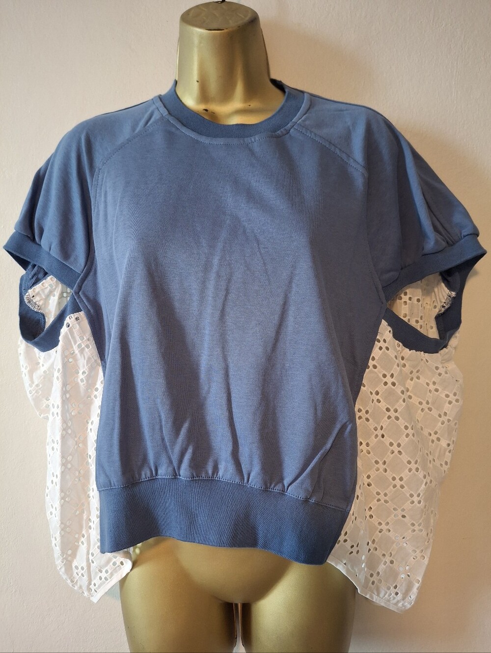 Pastel Blue Short-Sleeve Sweatshirt Top with White Eyelet Panels